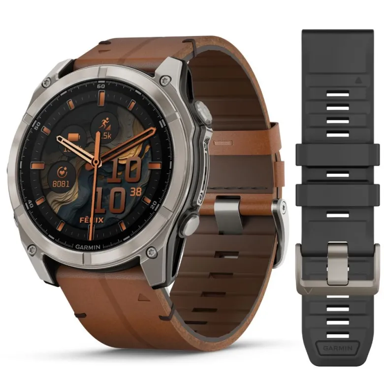 Garmin Fenix 8, 51mm Amoled Sapphire, hiilenharmaa titaani ja ruskea nahkaranneke, älykello 010-02905-40