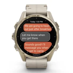 Garmin Fenix 8, 43mm Amoled Sapphire, vaalea kulta ja kalkkikivenvärinen nahkahihna, älykello 010-02903-40
