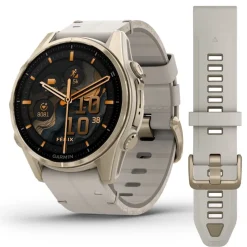 Garmin Fenix 8, 43mm Amoled Sapphire, vaalea kulta ja kalkkikivenvärinen nahkahihna, älykello 010-02903-40