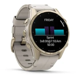 Garmin Fenix 8, 43mm Amoled Sapphire, vaalea kulta ja kalkkikivenvärinen nahkahihna, älykello 010-02903-40